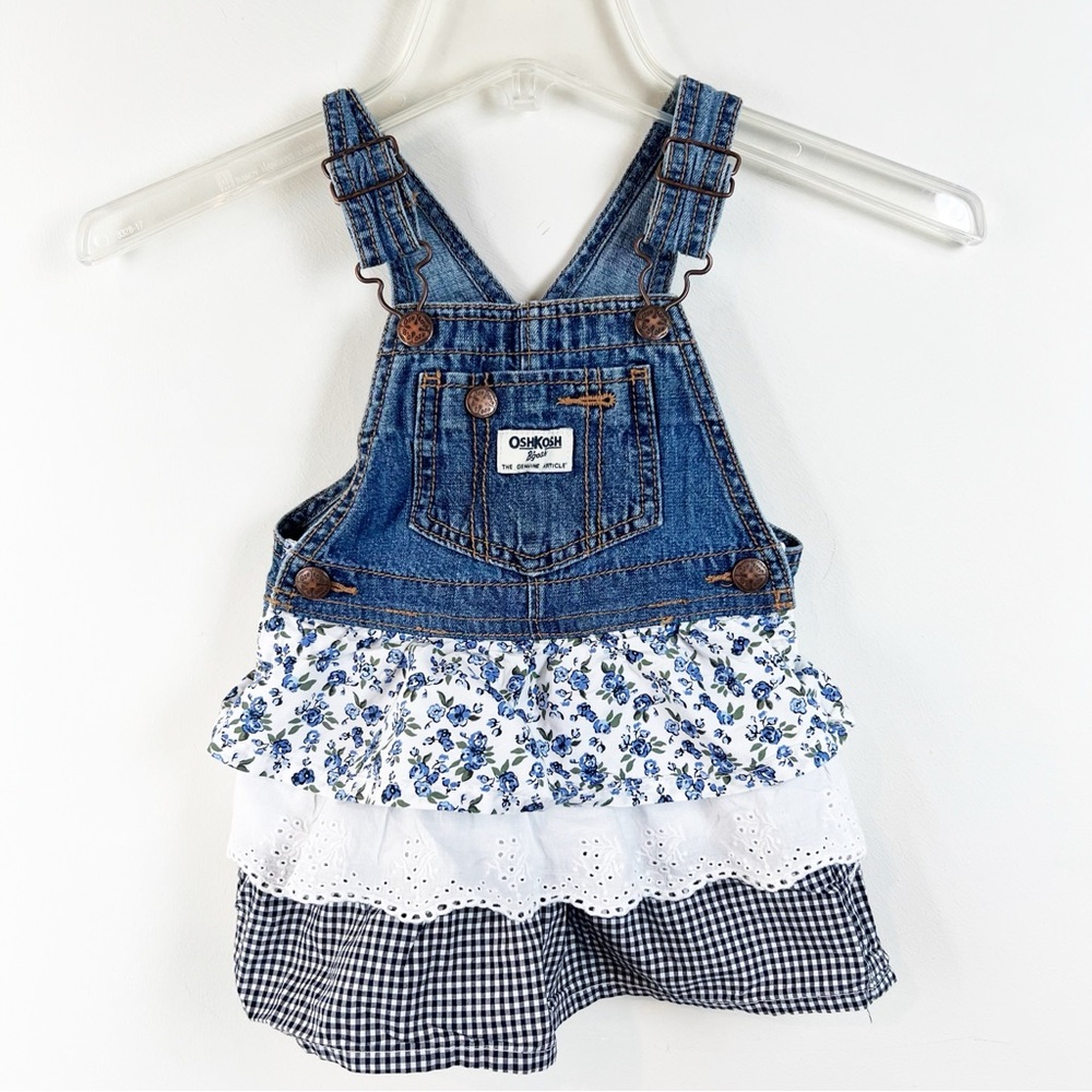 Oshkosh Girls 2T Denim Overall Dress Frill Skirt Eyelet Lace Tiered Gingham - Picture 9 of 9